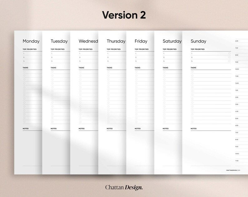 May include: A weekly planner with a black and white design. The planner is divided into seven columns, one for each day of the week. Each column has a section for top priorities, tasks, and notes.
