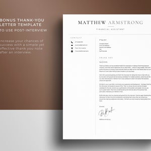 May include: A thank you letter template for job seekers. The template includes a sample letter with a signature and contact information for Matthew Armstrong, Financial Assistant. The letter includes tips for writing a thank you note after an interview.
