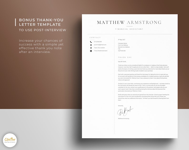 May include: A thank you letter template for job seekers. The template includes a sample letter with a signature and contact information for Matthew Armstrong, Financial Assistant. The letter includes tips for writing a thank you note after an interview.