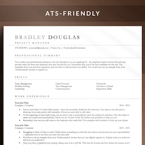 Peut inclure: Un modèle de CV avec le titre "ATS-Friendly" et l'en-tête "Bradley Douglas, Chef de projet". Le modèle comprend des sections pour le résumé professionnel, les compétences et l'expérience professionnelle. Le modèle fournit des conseils pour rédiger un CV compatible avec les systèmes ATS.