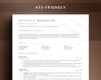 May include: A resume template with the title "ATS-Friendly" and the heading "Bradley Douglas, Project Manager". The template includes sections for professional summary, skills, and work experience. The template provides tips for writing a resume that is ATS-friendly.