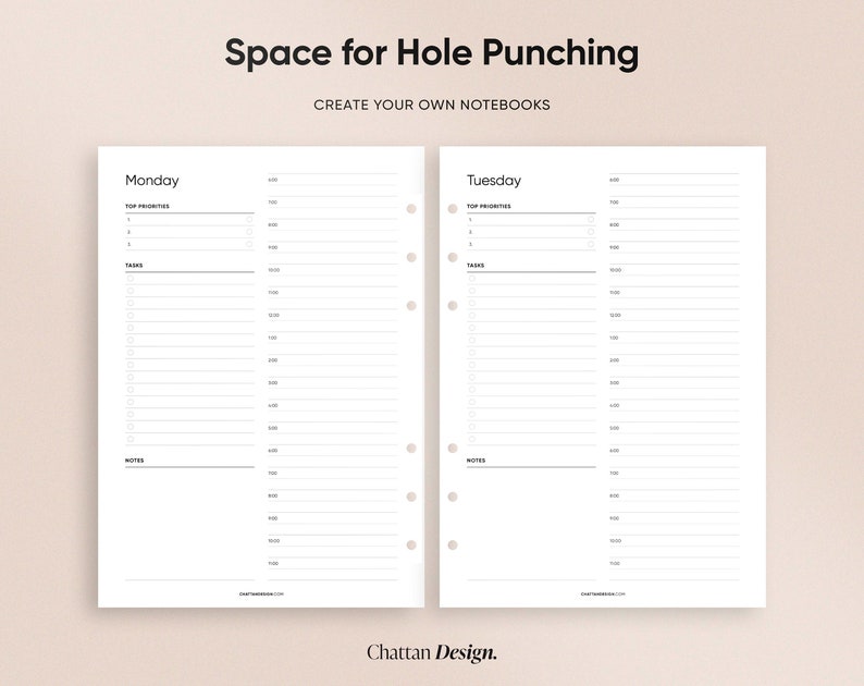 May include: A printable planner page with space for hole punching. The page is divided into two columns, one for Monday and one for Tuesday. Each column has sections for top priorities, tasks, and notes.