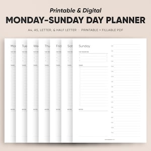 Planificador diario minimalista imprimible, lista de tareas diarias, productividad horario diario de lunes a domingo, descarga instantánea, tamaño A5/A4/carta/medio