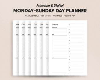 Minimalistischer Tagesplaner Printable, tägliche Aufgabenliste, Produktivität Montag-Sonntag Tagesplaner, Sofort Download, A5/A4/Letter/Half Size
