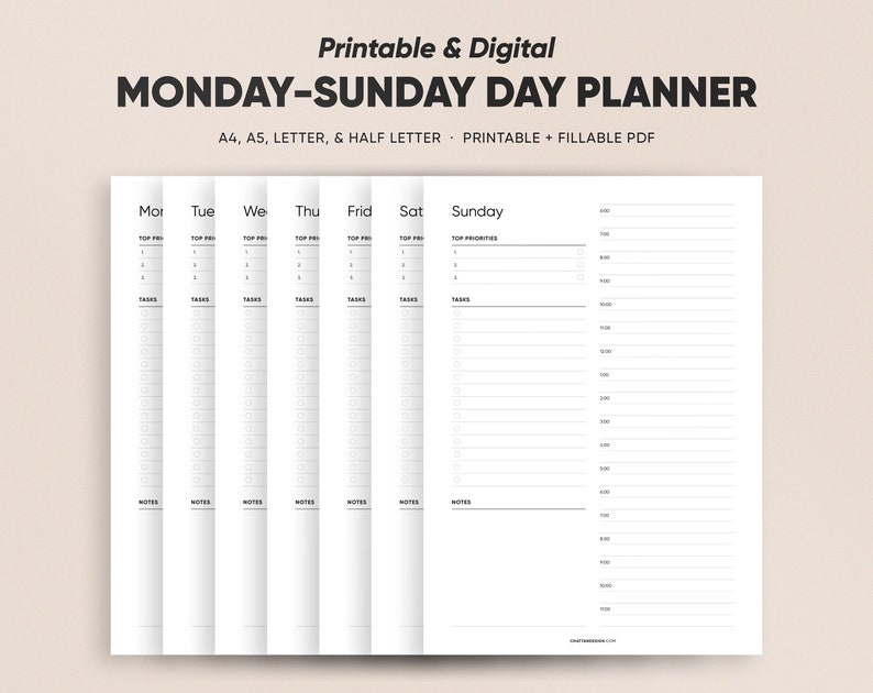 May include: A printable and digital Monday-Sunday day planner in A4, A5, letter, and half letter sizes. The planner includes sections for top priorities, tasks, and notes.
