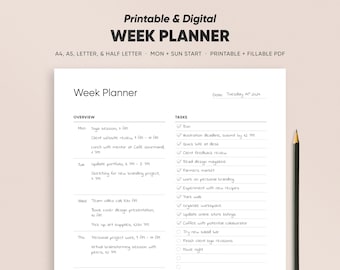 Wochenplaner in druckbaren & digitalen Seitenformaten, Weekly Organizer Templates, A4/A5/Letter/Half Size Papiergröße für Print, 2024 Notizbuch