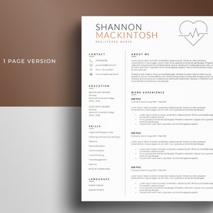 May include: A resume for Shannon Mackintosh, a registered nurse. The resume includes contact information, education, work experience, skills, and languages. The resume is designed with a brown and white color scheme and features a heart with a heartbeat symbol.