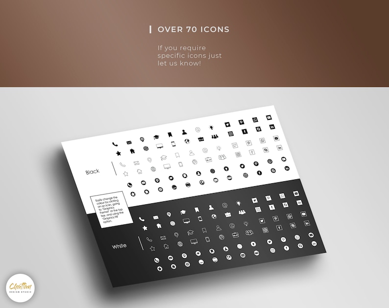May include: A black and white image showing over 70 icons. The icons are arranged in two rows, with the top row showing black icons on a white background and the bottom row showing white icons on a black background. The text "Over 70 Icons" is at the top of the image, and the text "Black" and "White" are to the left of the icons.