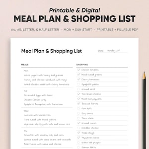 Planificador de comidas semanal + Lista de compras Plantilla imprimible Planificación digital Salud y bienestar Menú de fitness de alimentos de 7 días A4/A5/Carta de EE. UU./Tamaño medio