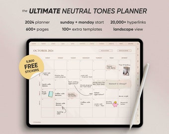 2024 Digital Planner in Neutral Tones, Ultimate Goodnotes Weekly Dated Planner for Digital Planning, 2024 iPad Planner, Journal Day Planner