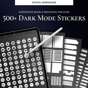 Puede incluir: Una descarga digital de más de 500 pegatinas en modo oscuro para Goodnotes. La imagen muestra la pantalla de una tableta que muestra una variedad de pegatinas, incluidos iconos, formas y texto. Las pegatinas están diseñadas para su uso en una agenda o cuaderno digital.