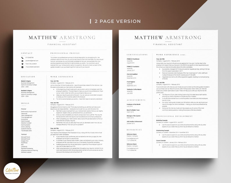 May include: A two-page resume for Matthew Armstrong, a Financial Assistant. The resume includes contact information, education, work experience, skills, certifications, achievements, professional development, and references.