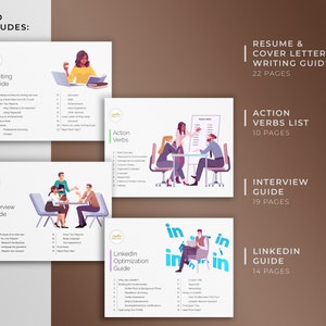 May include: A set of five guides for resume writing, cover letter writing, action verbs, interview preparation, and LinkedIn optimization. Each guide features a colorful illustration of people in a professional setting. The guides are titled "Writing Guide", "Action Verbs", "Interview Guide", "LinkedIn Optimization Guide", and "Resume & Cover Letter Writing Guide".
