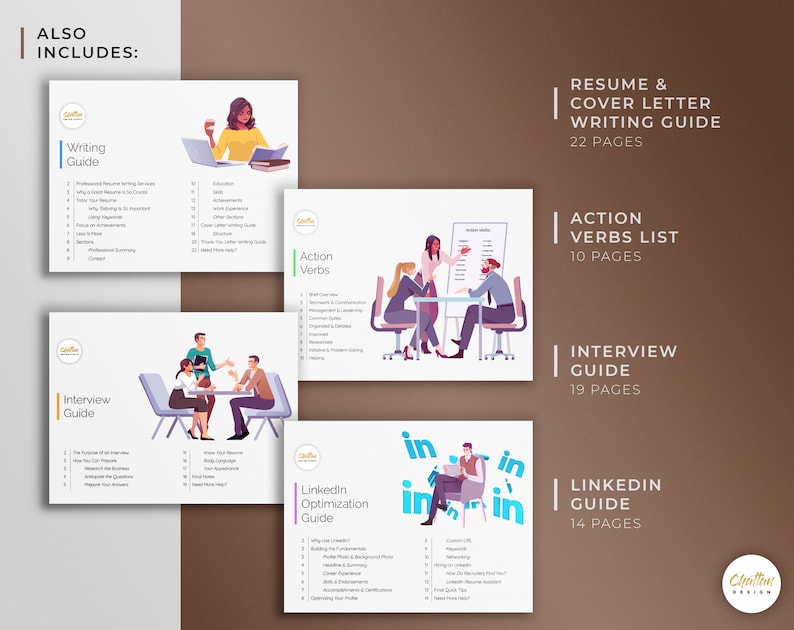 May include: A set of five guides for resume writing, cover letter writing, action verbs, interview preparation, and LinkedIn optimization. Each guide features a colorful illustration of people in a professional setting. The guides are titled "Writing Guide", "Action Verbs", "Interview Guide", "LinkedIn Optimization Guide", and "Resume & Cover Letter Writing Guide".