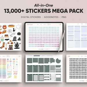 May include: A digital sticker pack with over 13,000 stickers for Goodnotes. The stickers are organized into categories, including Halloween, Christmas, and general use. The stickers are in various colors and designs.
