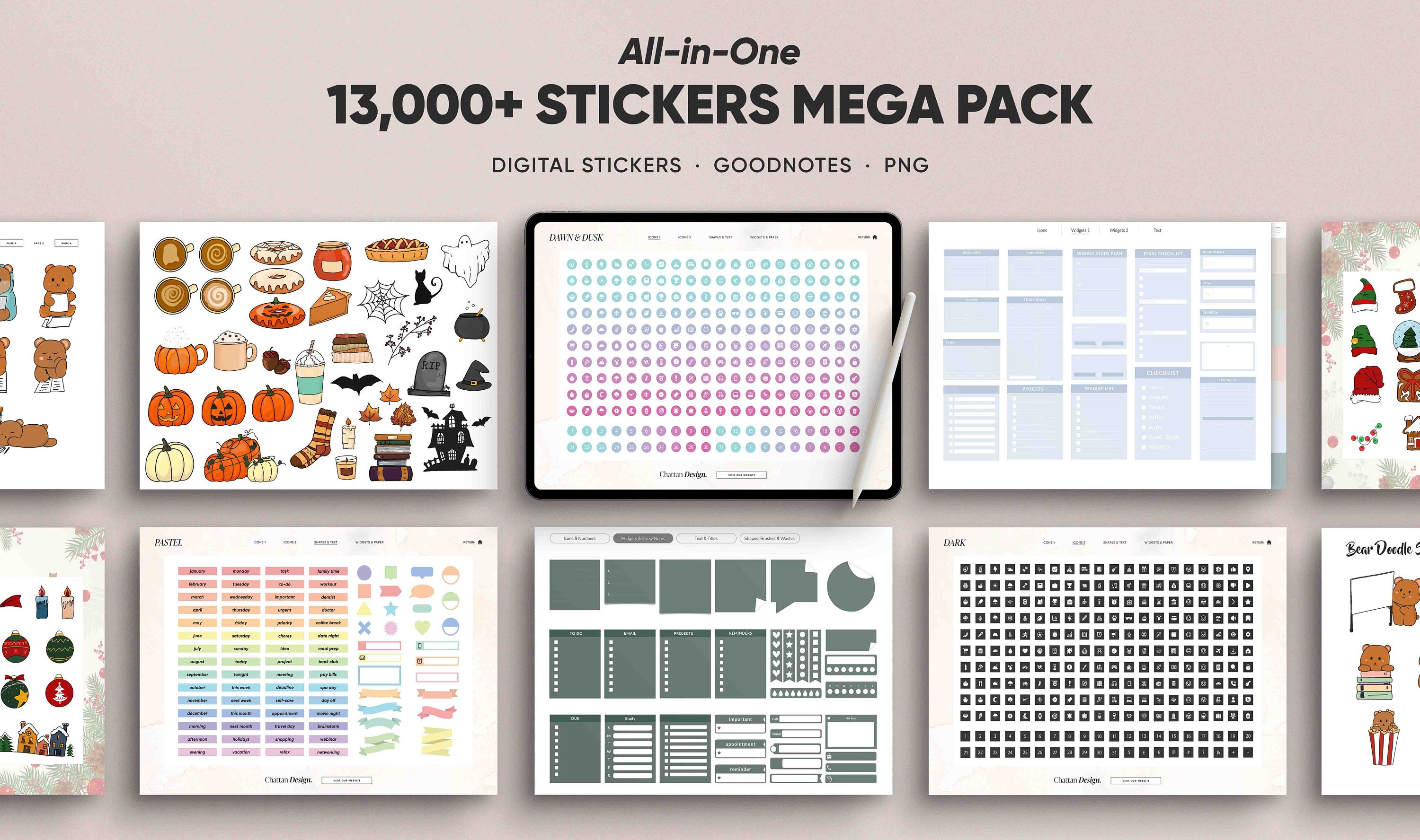 Mais de 13.000 adesivos digitais Mega Pack, adesivos pré-cortados para iPad para Goodnotes OneNote Xodo Notability Noteshelf e fundo transparente PNGs