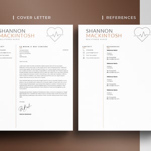 May include: A black and white resume template with a heart beat logo in the top right corner. The template is for a registered nurse named Shannon Mackintosh. The resume includes contact information and references.