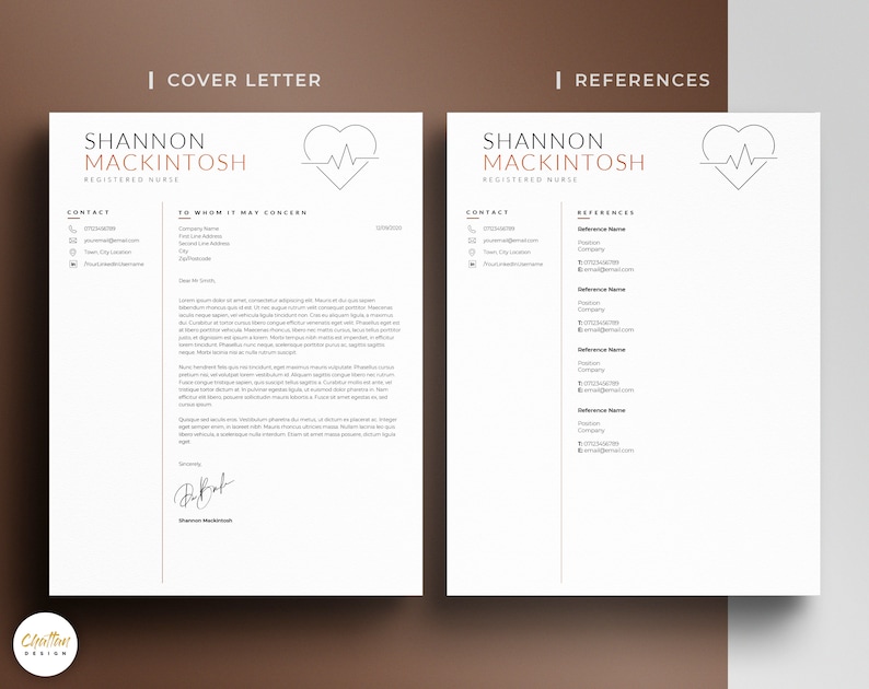 May include: A black and white resume template with a heart beat logo in the top right corner. The template is for a registered nurse named Shannon Mackintosh. The resume includes contact information and references.