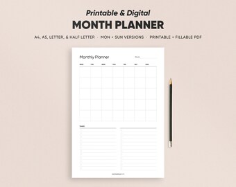 Undatierte Seitenvorlage für den Monatskalender, ausfüllbare digitale Notizbuchseiten, minimale monatliche Übersicht in den Formaten A4/A5/Letter/Half Size