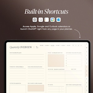 May include: A digital planner with the text "Built-in Shortcuts" and icons for Apple, Google, and Outlook calendars. The planner's interface includes a "Quarterly Overview" section with fields for wins, strengths, and challenges. The text says "Access Apple, Google and Outlook calendars or launch ChatGPT right from any page in your planner."