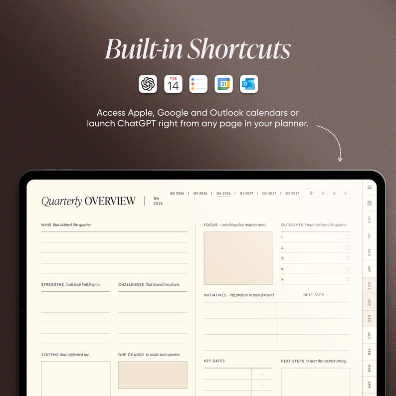 May include: A digital planner with the text "Built-in Shortcuts" and icons for Apple, Google, and Outlook calendars. The planner's interface includes a "Quarterly Overview" section with fields for wins, strengths, and challenges. The text says "Access Apple, Google and Outlook calendars or launch ChatGPT right from any page in your planner."