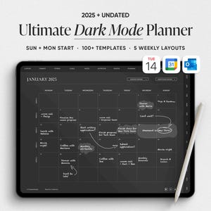 Planificador digital Ultimate 2025 Dark Mode, planificador digital con fecha para iPad, planificación diaria en Goodnotes y Notability Black, planificador mensual