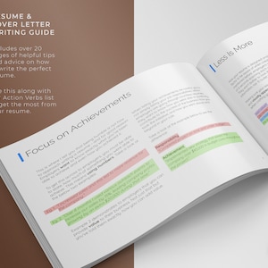 May include: A page from a resume writing guide with the title "Focus on Achievements" and "Less is More". The page includes tips on how to write a resume, including using numbers to quantify achievements and focusing on key accomplishments.