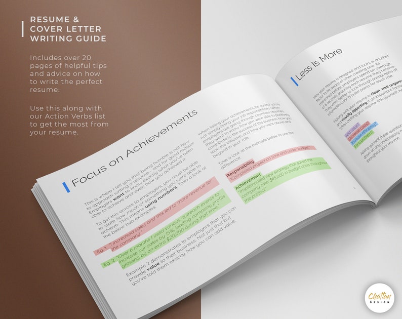May include: A page from a resume writing guide with the title "Focus on Achievements" and "Less is More". The page includes tips on how to write a resume, including using numbers to quantify achievements and focusing on key accomplishments.