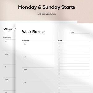 May include: A printable weekly planner with a simple design. The planner has sections for an overview of the week, tasks, and a date field. The text "Monday & Sunday Starts" and "For All Versions" is at the top of the page.