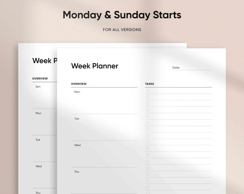 May include: A printable weekly planner with a simple design. The planner has sections for an overview of the week, tasks, and a date field. The text "Monday & Sunday Starts" and "For All Versions" is at the top of the page.
