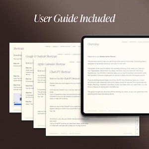 May include: A digital planner with a user guide, featuring shortcuts for Google & Outlook, Apple Calendar, and ChatGPT. The planner includes an overview, weekly action plan, and quarterly planning pages. The text is in a white font on a dark background.