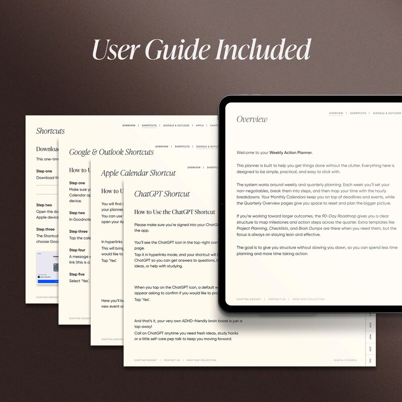 May include: A digital planner with a user guide, featuring shortcuts for Google & Outlook, Apple Calendar, and ChatGPT. The planner includes an overview, weekly action plan, and quarterly planning pages. The text is in a white font on a dark background.