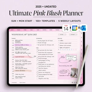 Pink Blush Digitaler Planer 2025, datierter digitaler Planer für Goodnotes & Notability, iPad Life Planner, pinkes digitales Journal, Querformat