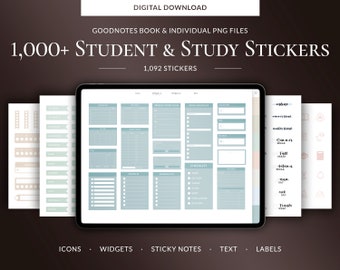 Pacote de adesivos de estudante para planejamento de iPad, livro de adesivos Goodnotes pré-cortados e adesivos PNG, adesivos digitais de escola de estudo de estudante para iPad
