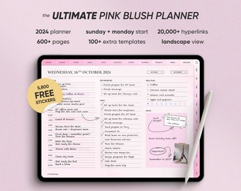 Pink Blush Digital Planner 2024, Planificateur numérique daté pour Goodnotes & Notability, iPad Life Planner, Pink Digital Journal Landscape Mode