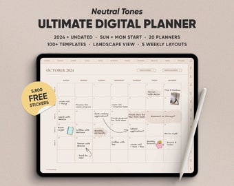 2024 Digital Planner, Neutral Color Landscape Planner, Undated Planner, Dated Planner, Hyperlinked Life Planner, Goodnotes Planner iPad