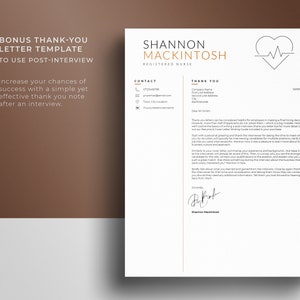 May include: A thank you letter template for a registered nurse to use after an interview. The template includes a contact section with phone number, email address, and LinkedIn profile. The thank you letter includes a section for the company name, first line address, second line address, city, state, and zip code. The letter also includes a section for the recipient's name. The letter is dated 12/01/2020. The letter includes a heart with a heartbeat line graphic.