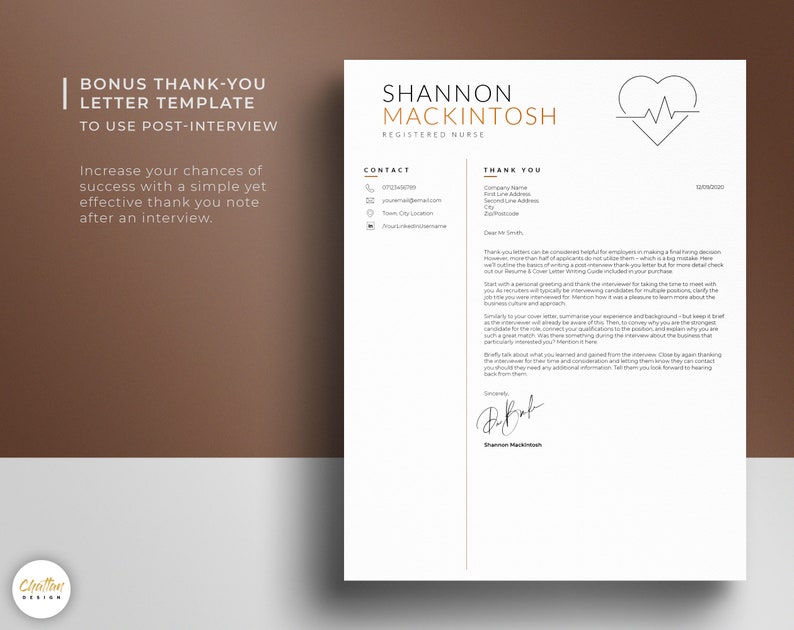 May include: A thank you letter template for a registered nurse to use after an interview. The template includes a contact section with phone number, email address, and LinkedIn profile. The thank you letter includes a section for the company name, first line address, second line address, city, state, and zip code. The letter also includes a section for the recipient's name. The letter is dated 12/01/2020. The letter includes a heart with a heartbeat line graphic.