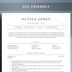 May include: A resume template with the title "ATS-Friendly" and the name "Alyssa Jones" at the top. The resume includes a professional summary, skills, and work experience sections. The template provides tips for writing a resume that is ATS-friendly, which means it is optimized for applicant tracking systems.