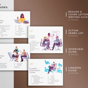 May include: A set of five guides for resume writing, cover letter writing, action verbs, interview preparation, and LinkedIn optimization. Each guide features a colorful illustration of people in a professional setting.