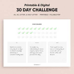 30 Day Challenge Printable Template, Fillable PDF Planner, Digital Download, A4/A5/Letter/Half Format, Monthly Goal Plan, Progress Tracker