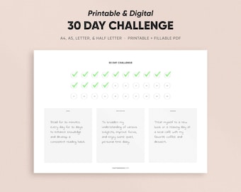 30 Tage Challenge druckbare Vorlage, ausfüllbarer PDF-Planer, digitaler Download, A4/A5/Letter/Halbformat, monatlicher Zielplan, Fortschritttracker