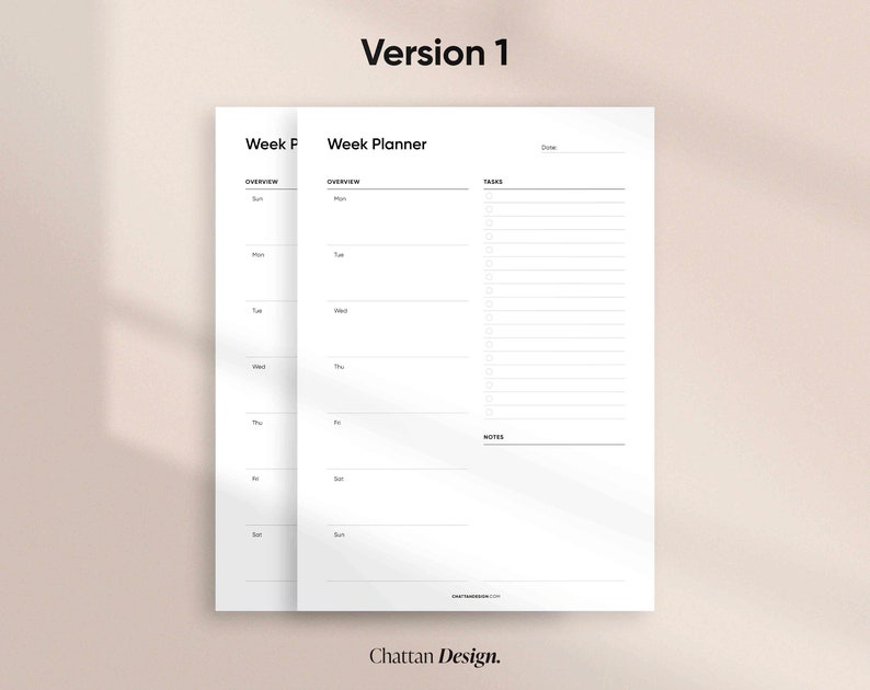 May include: A printable weekly planner with sections for overview, tasks, and notes. The planner is designed in a minimalist style with black text on a white background.