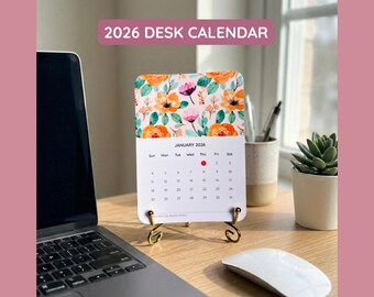 2026 Desk Calendar Printable, DIY Stand Floral Watercolor March April Mini Calendar Deck-of-Cards Style with Backside Notes, Monthly Planner