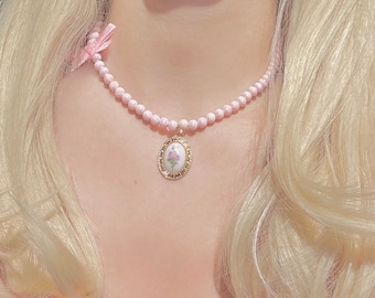 Pink  pearl rose necklace-comes beautifully gift wrapped-shiney pink pearls-handmade-princess-best gift-