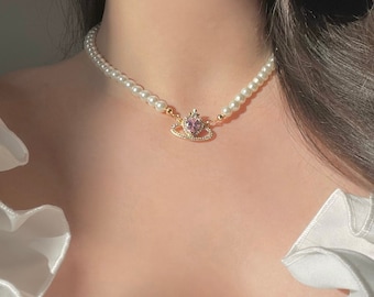 18k gold plated, handmade pearl and zirconia pink saturn necklace/choker/comes beautifully gift wrapped/handmade/sparkly/Princess/royal