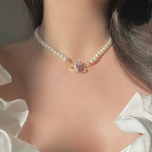 18k gold plated, handmade pearl and zirconia pink saturn necklace/choker/comes beautifully gift wrapped/handmade/sparkly/Princess/royal