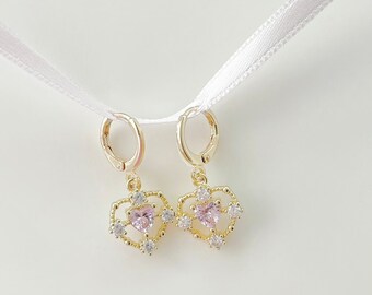 18k gold vermeil magical pink heart earring/ zirconia/ sparkly/ girls dream earring/ pink/ fairy/ prinsess/ tarnish resistant/ high quality