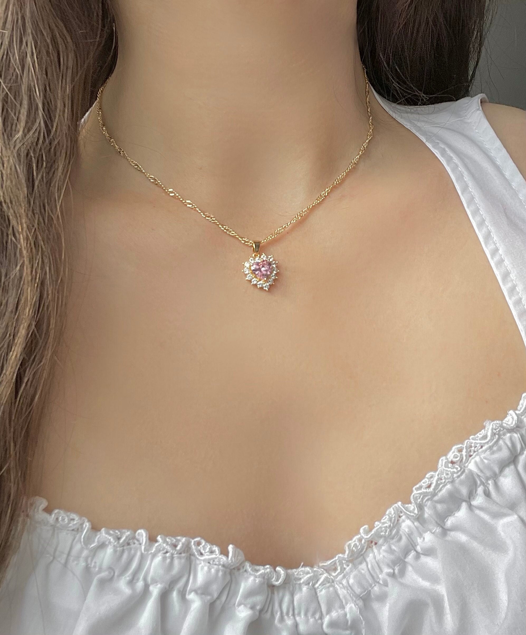 18K Gold Heart Necklace, Halo Diamond Heart Jewelry, Wedding Jewelry,  Wedding Necklace, Christmas Gift, Pink Heart Necklace, Pink Gifts