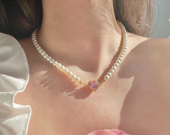 Collier de perles coeur rose plaqué or 18 carats/fait main/résistant à la ternissure/princesse/fée/magique/meilleur cadeau/éthéré